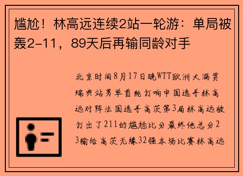 尴尬！林高远连续2站一轮游：单局被轰2-11，89天后再输同龄对手